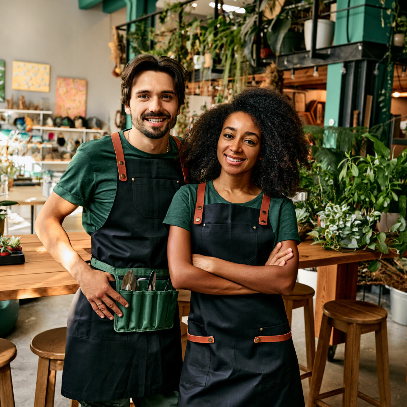 Happy couple selling fresh green plants for home decor.
