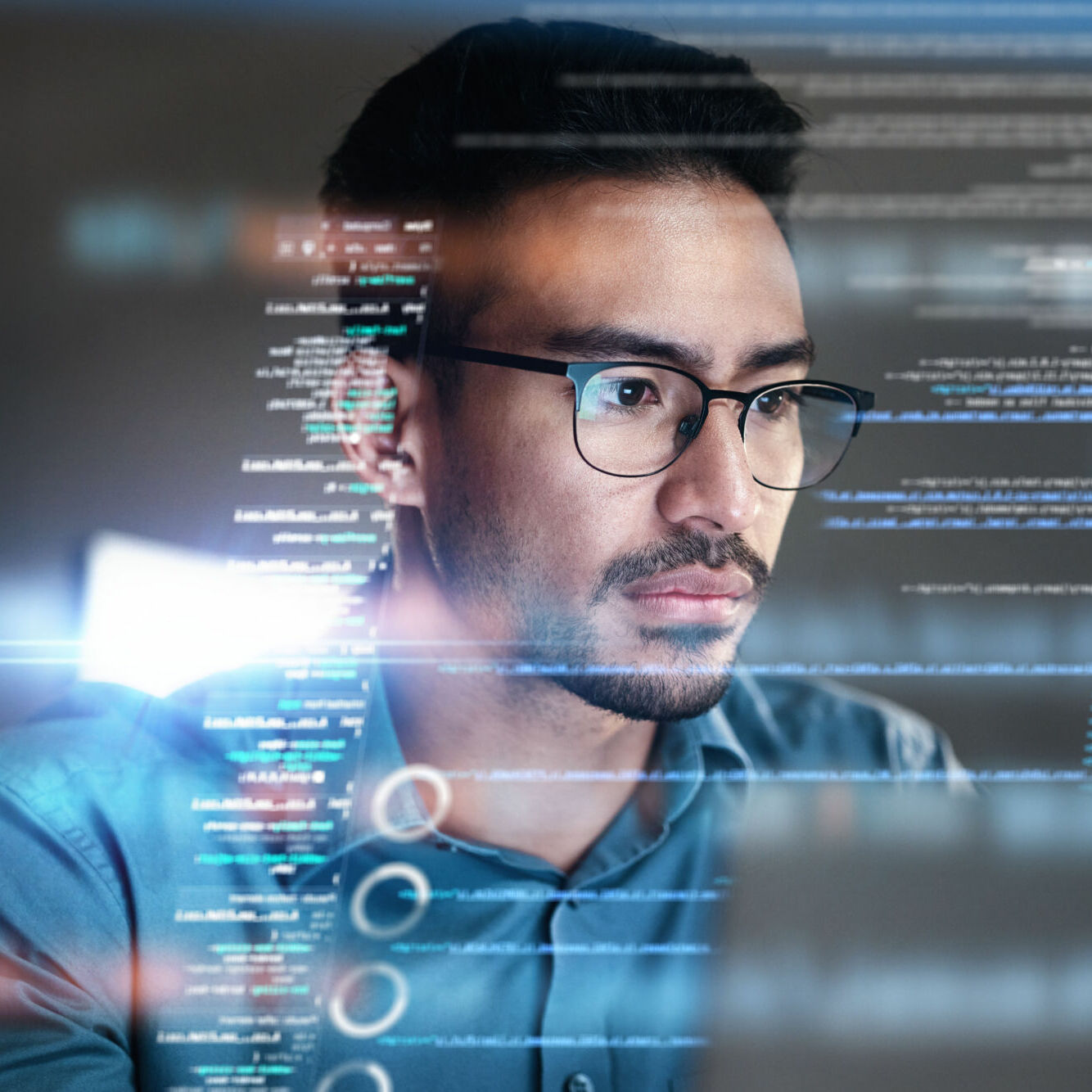 Programming coding and man with focus, hologram and trading with cyber security, futuristic and research. Male person, investor and employee with data analysis, server or investment with website info